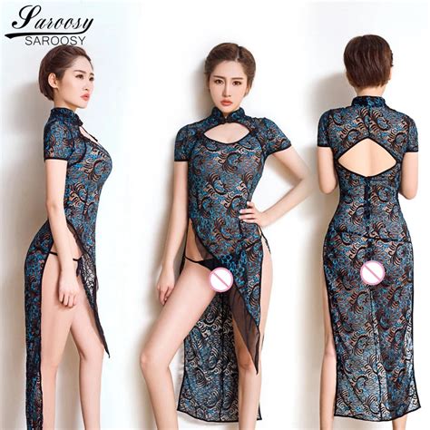 2017 new green peacock cheongsam erotic dress with thong 2 set sexy costumes erotic lingerie for