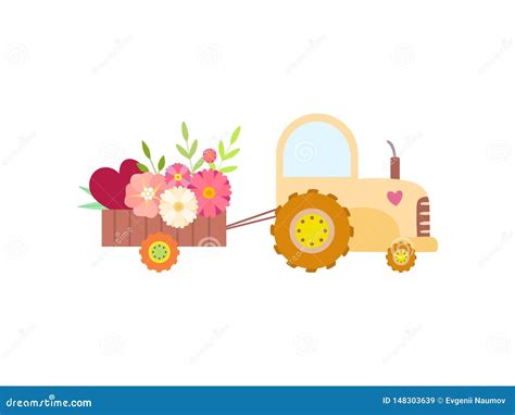 Cute Yellow Tractor With Flowers Agricultural Farm Transport With Cart