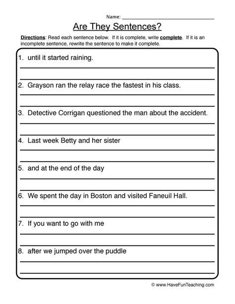 Complete Sentences Worksheets 4th Grade