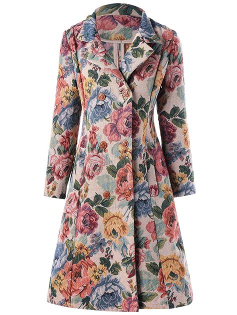 2018 A Line Double Breasted Floral Trench Coat In Floral L