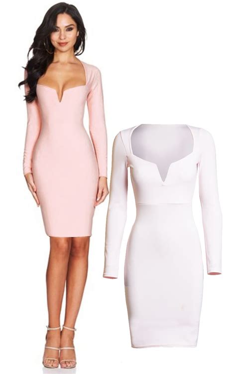 pale pink celeb inspired plunge neck long sleeved body con dress dress nest necklines for