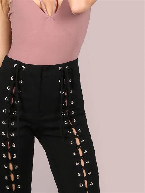 high waisted full strapped front lace up pants black shein sheinside