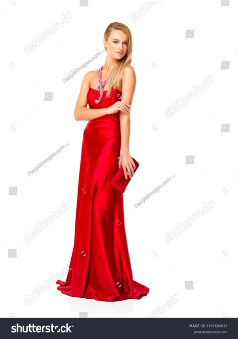 Beautiful Woman Red Dress Posing On Stock Photo 2167684915 Shutterstock