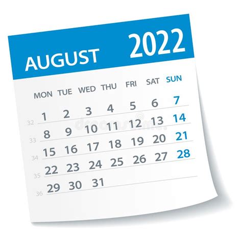 August 2022 Calendar Leaf Week Starts On Monday Vector Illustration