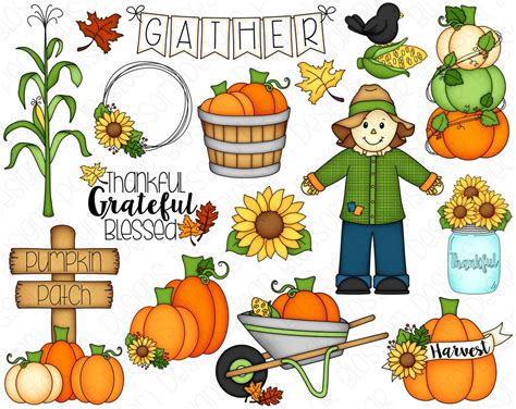 Harvest Hand Drawn Digital Clipart Set Of 16 Scarecrow Etsy
