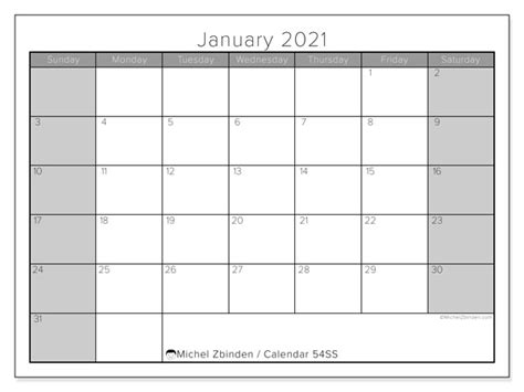Printable January 2021 “54ss” Calendar Michel Zbinden En