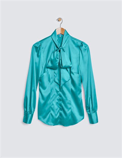 Womens Aqua Fitted Luxury Satin Blouse Pussy Bow Hawes And Curtis