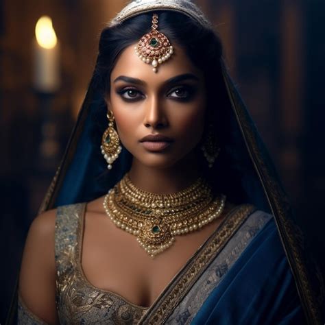 Premium AI Image A Woman In A Blue Sari With A Blue Sari On Her Head