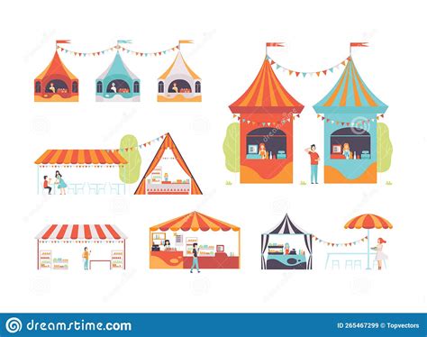 Outdoor Striped Tents Stalls With Sellers And Buyers For Summer Fair Or Street Market Festival