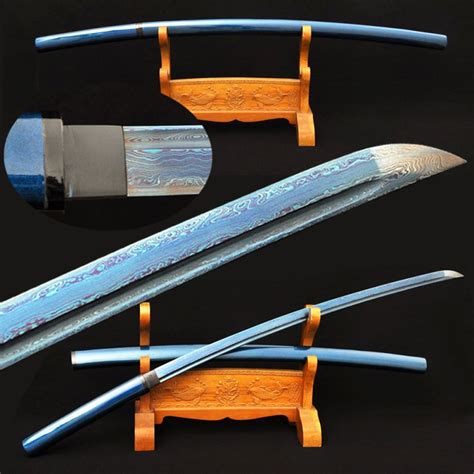 Japanese Katana Samurai Shirasaya Blue Blade Sword Damascus Folded