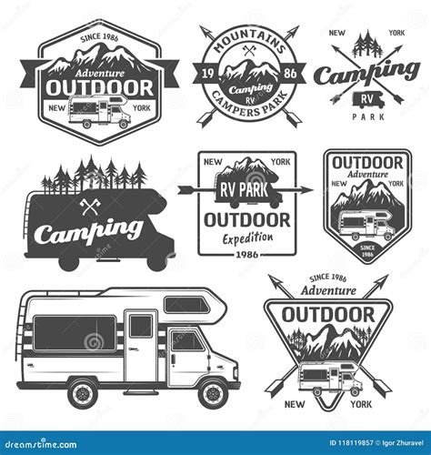 Rv Camping Outdoor Recreation Vector Emblems Stock Vector
