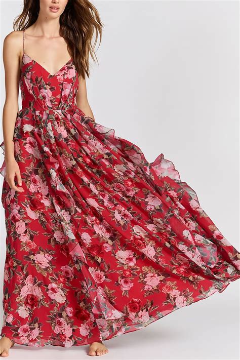 Red Floral Print Ruffles Backless Casual Maxi Chiffon Dress Fancy