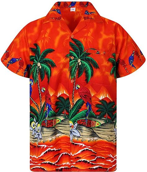 V H O Funky Hawaiihemd Herren Kurzarm Front Tasche Hawaii Print Papagei Strand