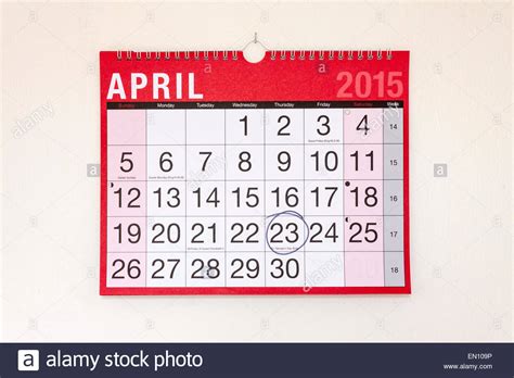 Monthly Wall Calendar April 2015 St Georges Day Circled Stock Photo