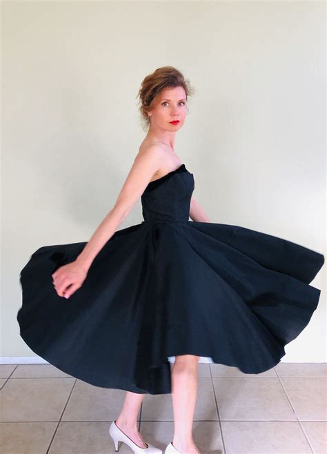 1950s Dress Black Taffeta Strapless Full Skirt Velvet Bow Etsy