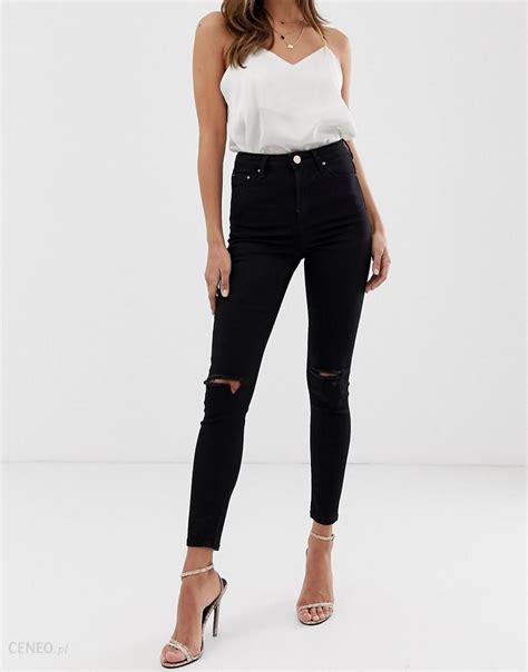 Asos Design Ridley High Waist Skinny Jeans In Clean Black With Ripped Knees Black Ceneopl