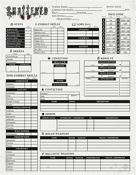 Shattered Rpg Character Sheet On Behance