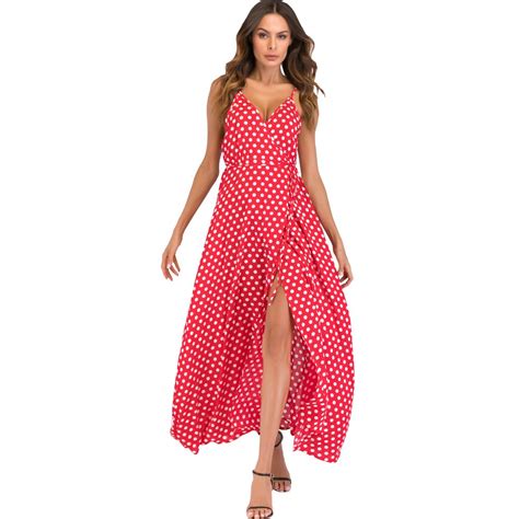 2019 Sexy Women Maxi Dress Dot Print High Split Spaghetti Strap Deep V Neck Sundress Summer