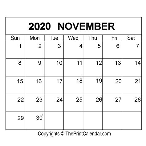 November 2020 Printable Calendar Template Pdf Word And Excel