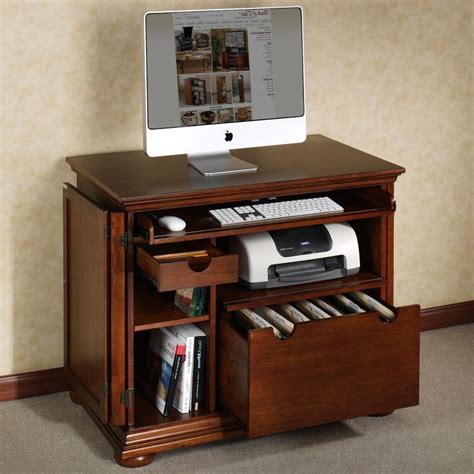 Stylish Retro Dark Varnished Teak Wood Computer Desk With Printer Space