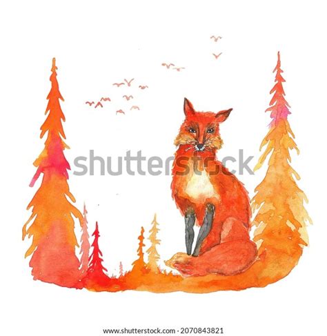 Watercolor Illustration Red Fox Forest Orange Stock Illustration