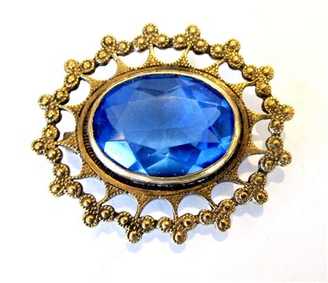 Antique Victorian Edwardian Gold Filled Blue Paste Crystal Brooch Pin