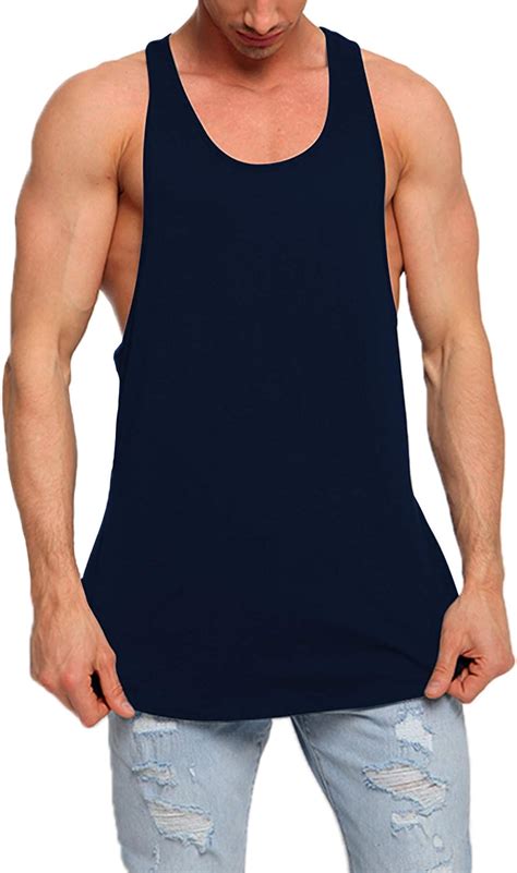 Mens Longline Athletic Workout Tank Top Muscle Fitness Extreme Racerback Tank Tops Navy Blue S