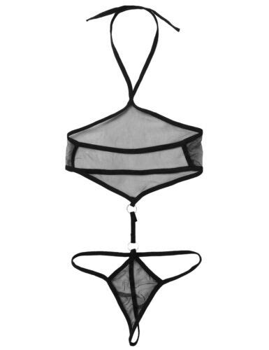 women see through sheer mesh lingerie halterneck backless thong leotard bodysuit ebay