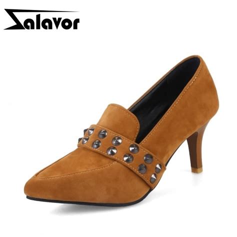 Razamaza Office Lady High Heel Shoes Women Pointed Toe Rivets Solid Color Pumps Fashion Ladies