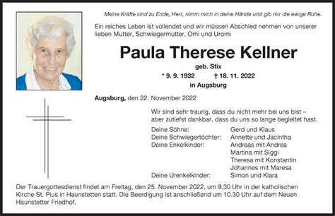 Traueranzeigen Von Paula Therese Kellner Augsburger Allgemeine Zeitung