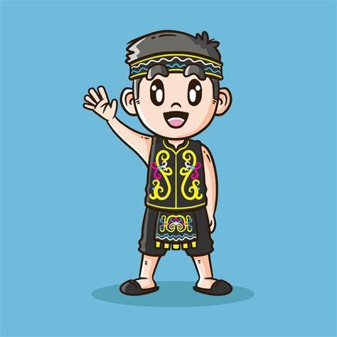 Cute Indonesian Boy Wearing Dayak Kalimantan Traditional Dress Cartoon