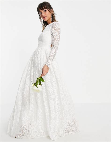 Asos Design Odette Lace Long Sleeve Wedding Dress With Open Back White Modesens