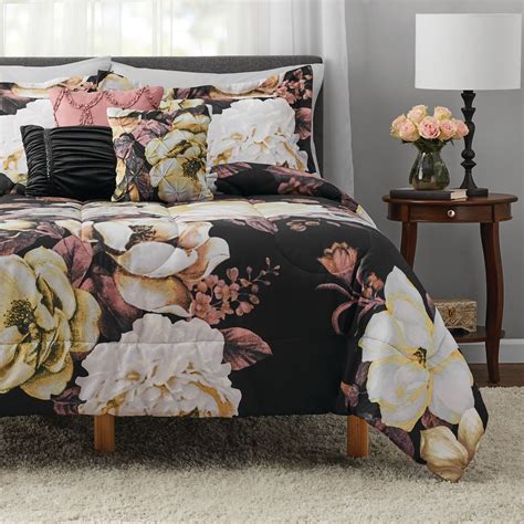 Mainstays Black Floral 8 Piece Bed In A Bag Set With Sheets Queen In 2021 Bed