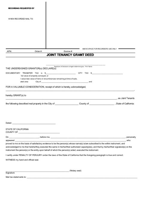 Fillable Joint Tenancy Grant Deed Form State Of California Printable