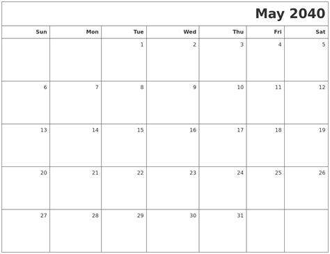 May 2040 Printable Blank Calendar
