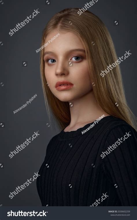 Portrait Young Blonde Girl Black Clothes Stock Photo 2030602259
