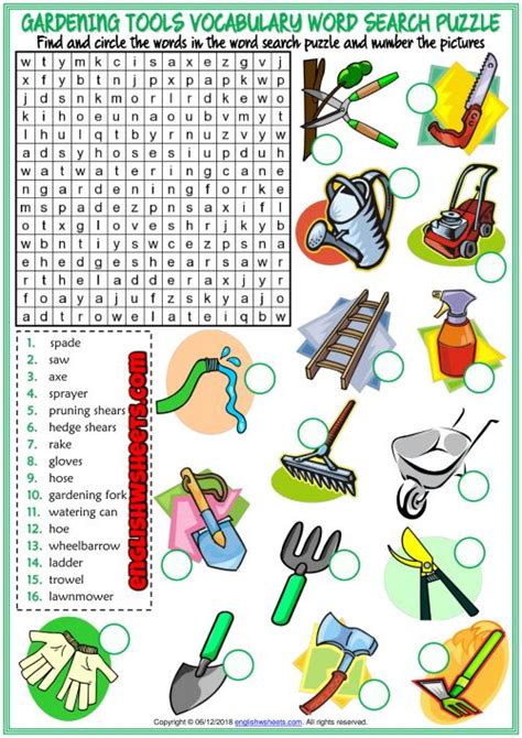 Gardening Tools Esl Word Search Puzzle Worksheet For Kids In 2022