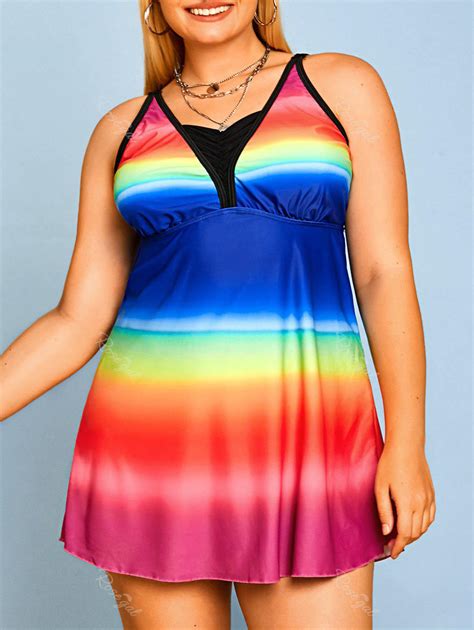Plus Size Rainbow Color Modest Tankini Swimwear 34 Off Rosegal
