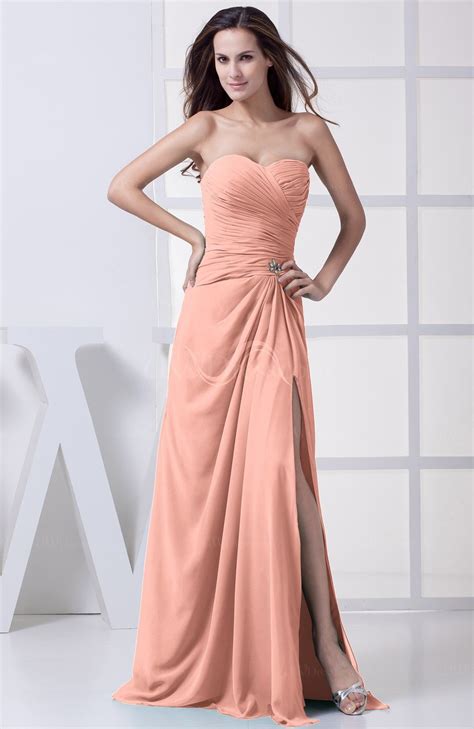 Peach Modest A Line Sweetheart Chiffon Floor Length Bridesmaid Dresses