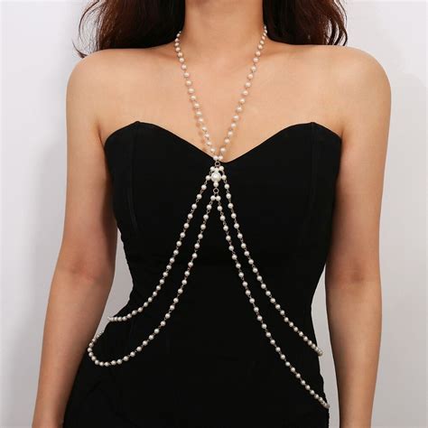 Sexy Body Jewelry Necklace Elegant Summer Pearl Rhinestone Crossover Waist Belly Jewelry Collier