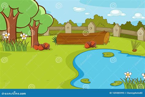 Background Scene With Trees And Pond Stock Vector Illustration Of