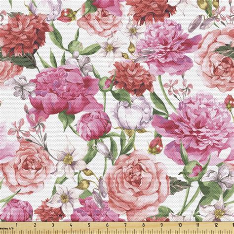 Watercolor Fabric By The Yard Pink Peonies And Roses Green Leaves