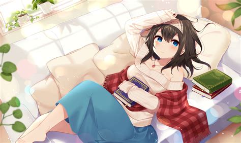 Aqua Eyes Barefoot Blush Book Breasts Brown Hair Cleavage Couch