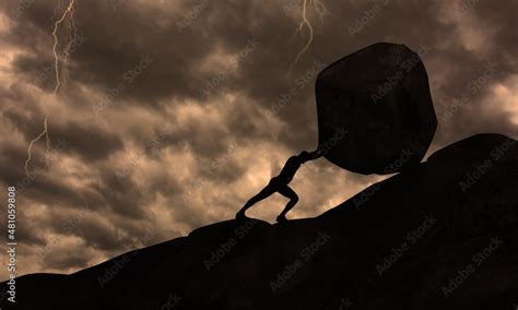 Strong Man Pushing Uphill Big Concrete Stone At Rainy Cloudy Sky