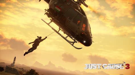 Rico Rodriguez Hanging From A Helicopter Just Cause 3 Wallpaper