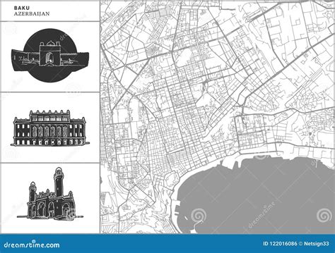 Baku City Map With Hand Drawn Architecture Icons Stock Vector