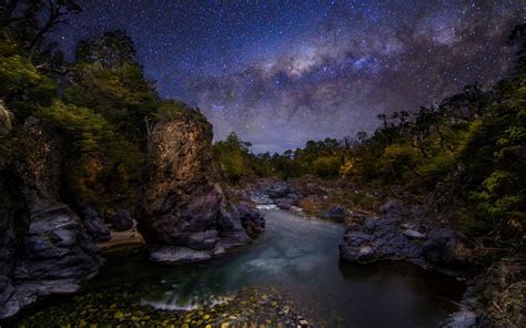 1078555 Trees Landscape Forest Waterfall Night Galaxy Rock