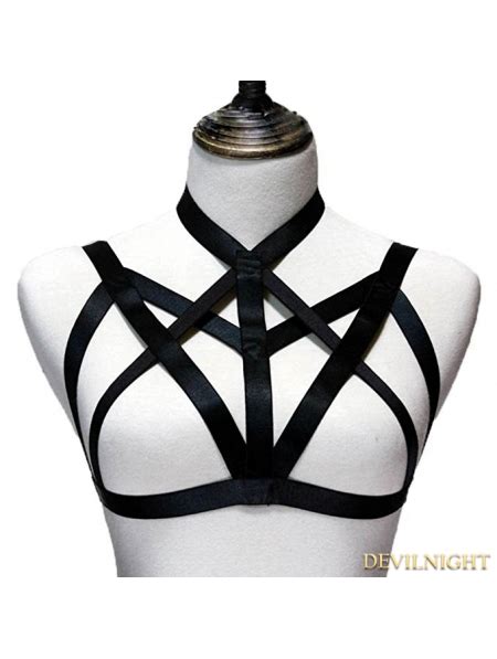 black hollow out gothic harness elastic cage bra uk