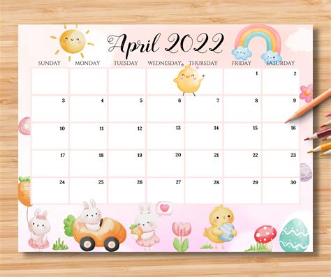 Editable April 2022 Calendar Happy Easter Day With Easter Eggs And Cute