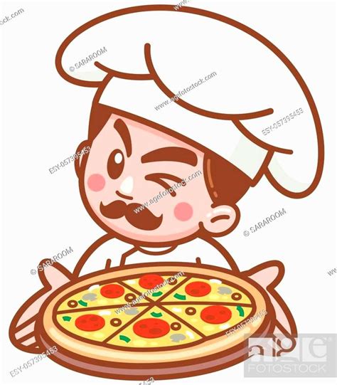 Vector Illustration Of Cartoon Pizza Chef Presenting Food Stock Vector